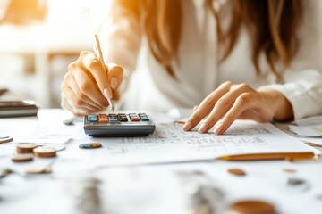 Poster - A woman is using a calculator on a cluttered desk with documents and coins, illustrating financial analysis and accounting tasks in a modern office environment.