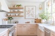 © Agus - Light and airy kitchen with wooden shelves, white cabinets, and a farmhouse sink.