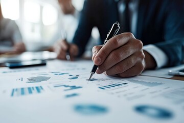 Poster - Detailed close-up view of a hand holding a pen analyzing financial charts on paper in a corporate environment, emphasizing precision and analytical thinking.
