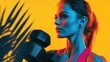 © pisan thailand - Confident muscular female athlete in a dramatic fitness portrait holding dumbbells in a strong powerful pose against a vibrant minimalist background  The image conveys a sense of strength energy