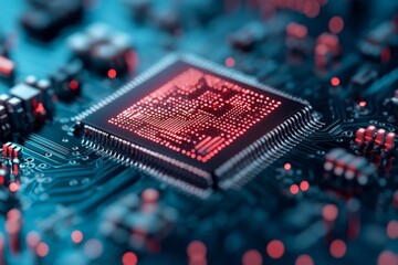 Poster - A detailed close-up of a computer microchip is shown, illuminated by glowing red lights, illustrating the complexity and inner workings of modern technology.