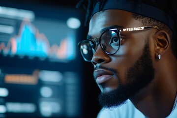 Poster - A focused man is shown closely, with data graphs in the background, conveying concentration, problem-solving, and analytical skills in a tech-savvy setting.
