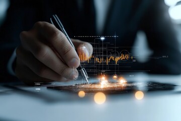 Poster - A person is using a pen to interact with a holographic financial display, representing modern technology, data analysis, and business strategy in a digital age.