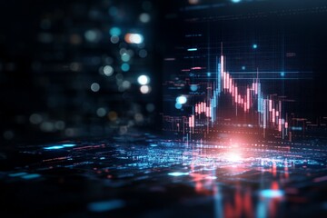 Poster - A digital graph is depicted in a virtual environment with glowing elements, symbolizing the future of data analysis, digital finance, and technological advancements.