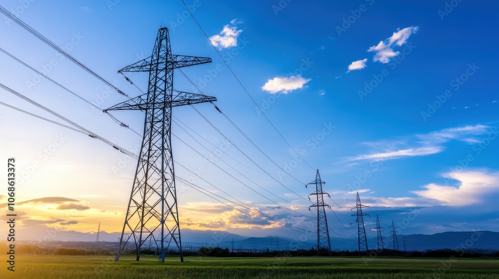 Dramatic sunset sky over high voltage electricity transmission towers ...