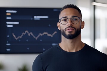 Poster - A confident man with glasses stands before a graph on a digital board, illustrating a keen understanding of financial trends and presenting his findings professionally.