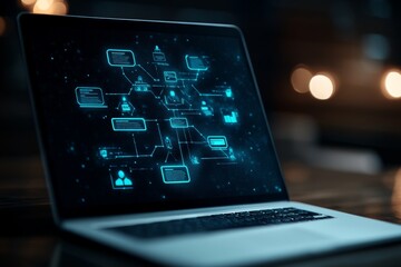 Poster - A laptop screen brightly displays a flowchart of digital network connections, illustrating the complexity and innovation of modern technological systems and interactions.