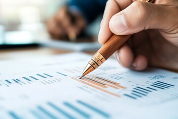 Poster - A person holding a pen examines financial documents featuring bar and line charts, providing insights into business performance and market analysis strategies.