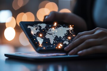 Poster - A person holds a tablet featuring a digital map of the world with network indicators, signifying global connectivity. The image is rich in technological details.