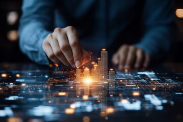 Poster - A hand interacts with a glowing digital cityscape model, symbolizing modern urban planning, innovation in architecture, and future technology advancements.
