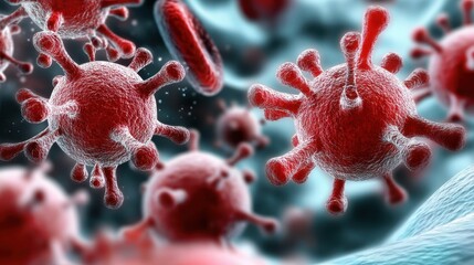 Poster - Highly detailed 3D of coronavirus or COVID 19 virus cells magnified under a microscope  Abstract medical and scientific conceptual image for healthcare research and epidemic outbreak themes