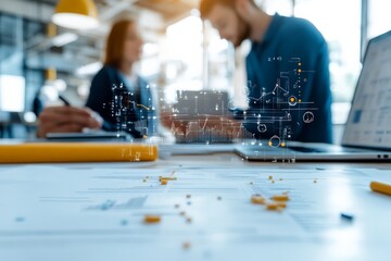 Poster - In a modern office, a team collaborates using laptops and discussing data charts, reflecting teamwork, digital transformation, and business strategy dynamics.
