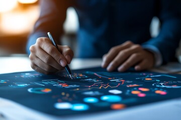 Poster - A close-up view of a person's hands interacting with a vibrant digital dashboard full of analytics, highlighting modern technology and detailed data analysis.