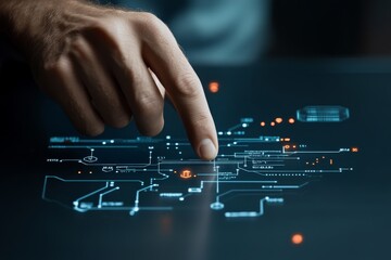 Poster - A hand interacts with an advanced digital screen, showcasing complex circuits and data flow, reflecting technological innovation and human-machine interaction.
