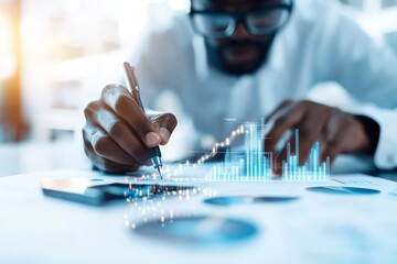 Poster - A focused individual examines data, using a pen to annotate graphs and bar charts on paper, implying analysis and forecasting strategies in business or finance.