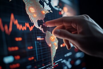 Poster - A hand points at a digital map highlighting global financial data with glowing indicators, representing connectivity, technology, and economic insight across continents.
