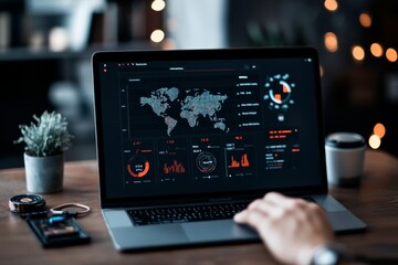 Poster - A laptop screen shows a digital dashboard with a world map and various data-driven graphics, indicating focus on global analytics and technological insights.