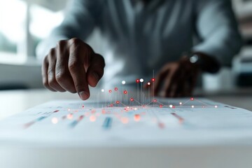 Poster - A person interacts with a glowing, augmented reality data visualization over a printed document, symbolizing advanced analytics and technology integration.