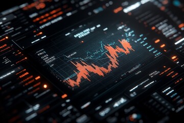 Poster - A digital dashboard features financial data analytics with graphs and charts, displaying fluctuating market trends, emphasizing analysis and technology's role in finance.