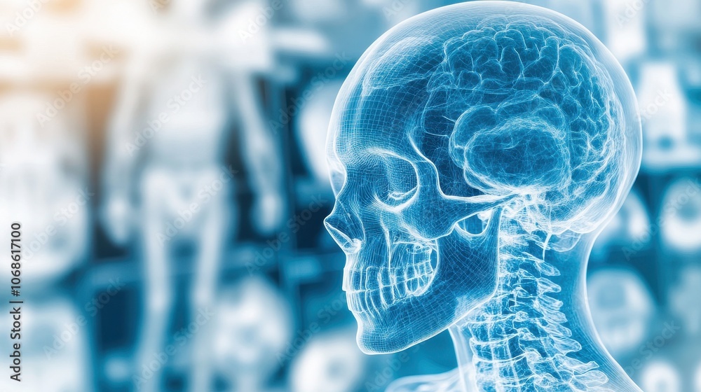 ภาพถ่าย Stock Transparent human skull with glowing brain anatomy x ray ...