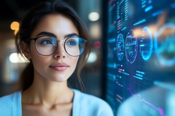 Poster - A confident woman with glasses thoughtfully analyzes a digital display of financial graphs, embodying intellect and empowerment in a technological business environment.
