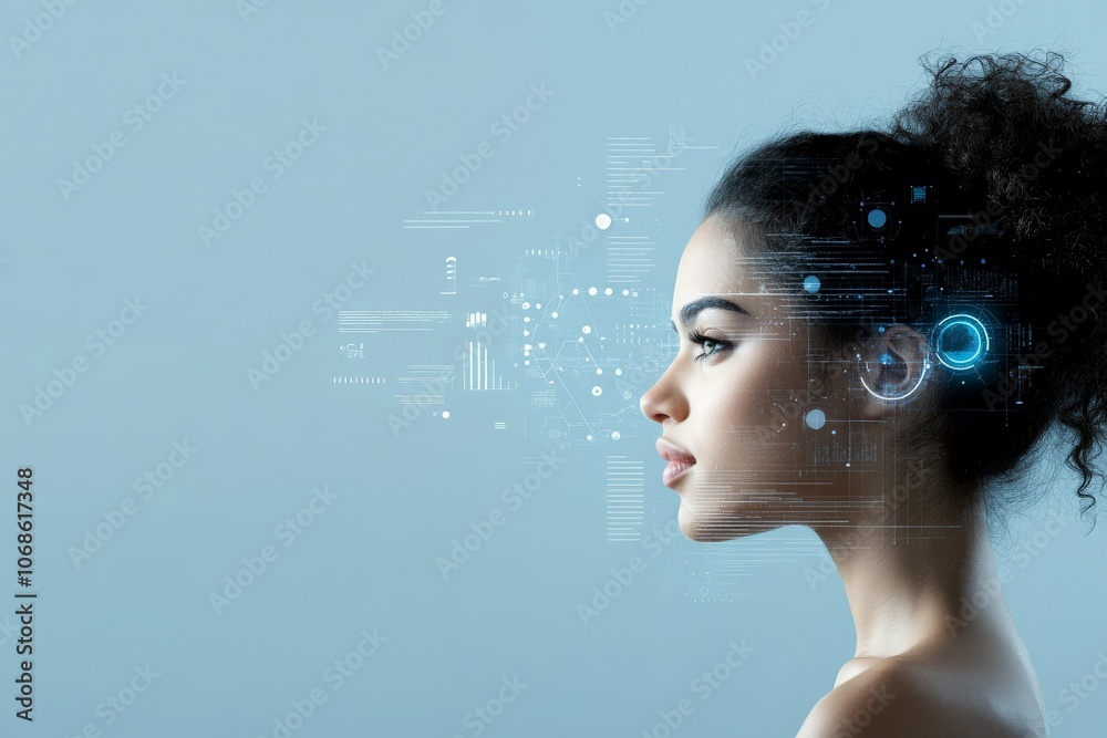 Side profile of a woman with digital data elements merging into her ...