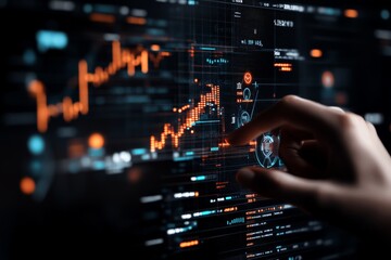 Poster - A hand is shown interacting with a digital interface displaying data visualizations, graphs, and analytics, representing technology and innovation in modern business.