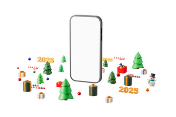 Poster - phone mockup surrounded by christmas trees, gifts, and 2025 numbers on a white background. a concept