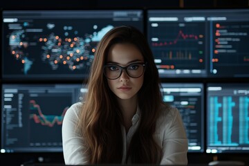 Poster - A young woman attentively studies data analytics, with multiple monitors displaying charts and graphs in a modern office setting, reflecting focus and determination.