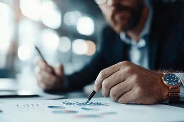 Poster - A focused view of a man's hands analyzing printed graphs and charts under dim lighting, symbolizing financial evaluation, insight, and strategic decision-making.