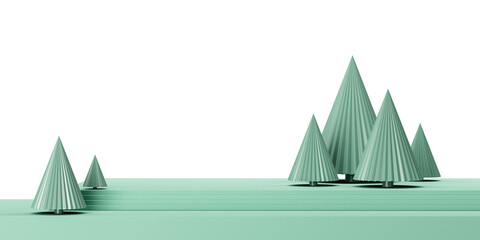 Poster - Green abstract Christmas trees on a white background. Minimalist design, geometric shapes. Concept of holiday simplicity. 3D Rendering
