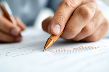 Poster - A close-up image shows a hand holding a pencil, focusing on analyzing printed data sheets with graphs, symbolizing analysis, precision, and attention to detail.