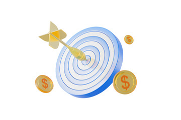 Poster - Target and dart with floating coins on a white background, symbolizing financial success. Concept of business and goals. 3D Rendering