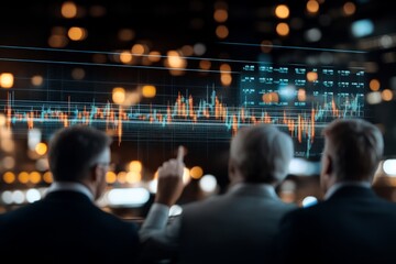 Poster - Three professionals in suits are pointing towards a digital screen displaying stock market charts, suggesting analysis and strategy in a corporate environment.