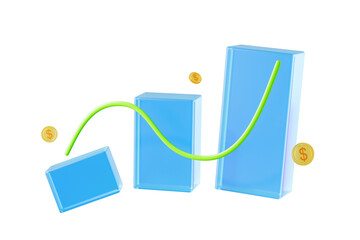 Poster - Blue bars and green line symbolize financial growth on white background. Currency coins scattered around. Concept of economy. 3D Rendering