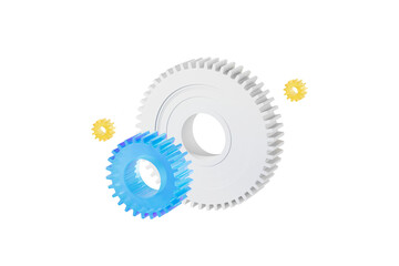 Poster - Three colorful gears isolated on a white background, showcasing mechanical parts concept. 3D Rendering