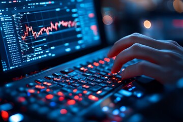 Poster - A close-up of hands typing on a keyboard with financial market trends on the screen, reflecting the concepts of stock trading and economic analysis.