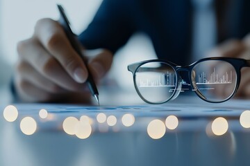Poster - A hand writes on a financial report while glasses rest on the paper, symbolizing insight, concentration, and the acquisition of knowledge, skills, and thinking.