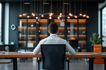 Poster - A man sits with his back to the camera in a modern office, characterized by stylish lighting and organized shelves, projecting a sense of contemplation and productivity.