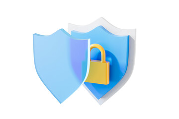 Poster - Blue shield with a yellow padlock on a white background. Concept of security and protection. 3D Rendering