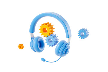Poster - Blue headset with yellow and blue gears, isolated on a white background. Concept of communication and technology. 3D Rendering