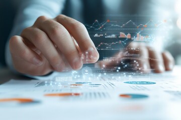 Poster - A hand interacts with futuristic digital interface displaying complex data, representing the blend of human intuition and advanced technology in modern business analytics.