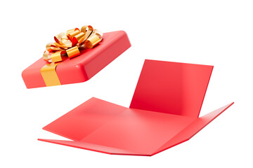 Red gift box with gold ribbon, open on white background. Concept of surprise and celebration. 3D Rendering