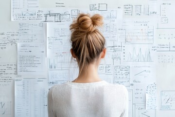 Poster - A woman stands before a wall filled with data charts and graphs, representing the process of strategic thinking and analytical planning in a business environment.