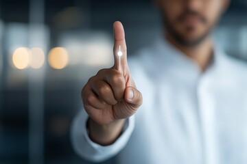 Poster - A man in a white shirt interacts with a futuristic virtual interface using his finger, representing technology and innovation in human-computer interaction.