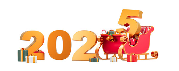 Wall Mural - 2025 numbers with a red sleigh and gifts on white background. Christmas theme with festive elements. 3D Rendering