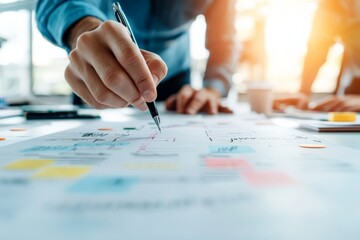 Poster - A person points at a detailed document on a table, surrounded by sticky notes and charts, depicting a collaborative and focused team brainstorming session.