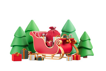 Wall Mural - Red sleigh filled with presents and candy canes surrounded by green trees, on white background. Concept of Xmas celebration. 3D Rendering