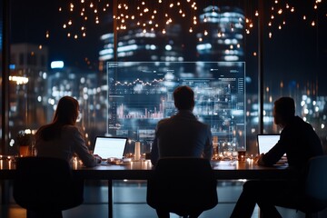 Poster - Three professionals sit at a conference table, attentively observing data on a large digital screen, highlighting teamwork, collaboration, and strategic planning.