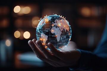 Poster - A futuristic digital globe with network connections rests in a human hand, symbolizing global communication and technological advancement in a modern world.